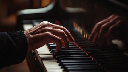 Obraz premium A close-up of a pianist's hands gracefully moving over the piano keys, capturing the intricate details of the fingers and the instrument