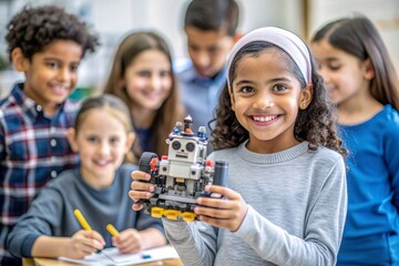 Young Girl Proudly Displays Her Robot Creation in STEM Class. Robotics, coding, and engineering are fun and engaging for these bright young minds.