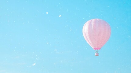 Obraz premium A pink hot air balloon flies in the blue sky, while snowflakes decorate the ground below