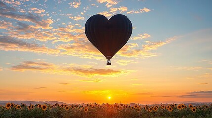 Fototapeta premium A heart-shaped hot air balloon floats above sunflowers in the sky