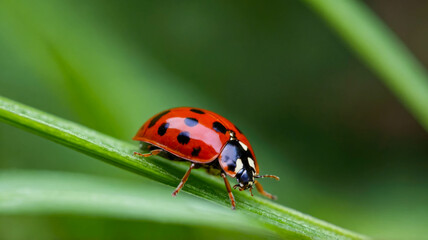 Obraz premium A vivid close-up of a red ladybug with black spots, resting on a dewy green leaf in a natural environment