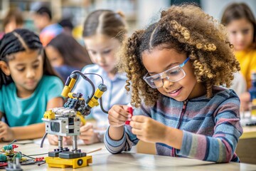 Future Engineers: Young Girl Building a Robot. A focused young girl wearing safety glasses diligently assembles a robot in a bustling classroom, showcasing the exciting world of STEM education.