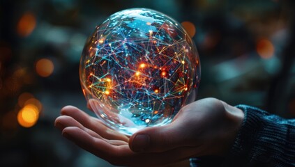Fototapeta premium A man holds in his hand a sphere of neural networks, with transparent and colorful lines and dots inside it, set against a dark, blurred background Generative AI