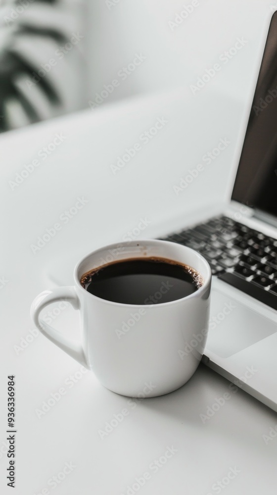 Poster bathed in natural light, this workspace features a sleek laptop alongside a warm cup of coffee, crea