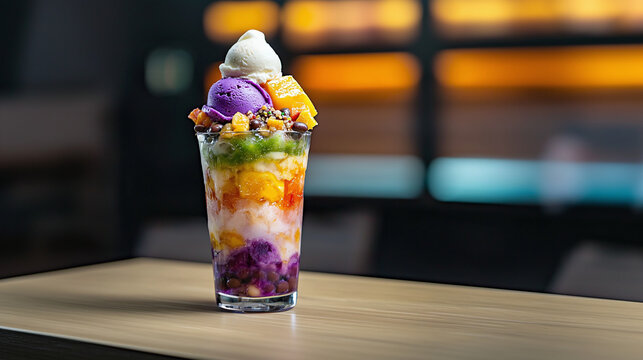Filipino halo-halo, a popular mixed dessert featuring shaved ice, sweet beans, fruits, and leche flan