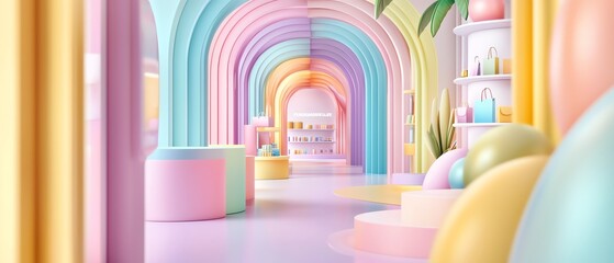 A vibrant pastel-colored interior featuring arches and spherical shapes, creating a whimsical and inviting atmosphere.
