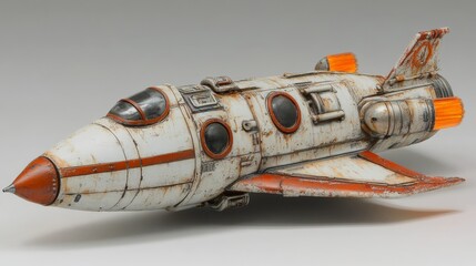 Rusty Spaceship A lowangle perspective of a weathered white spacecraft with orange accents capturing the intricate details and a sense of forgotten journeys