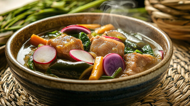 Filipino sinigang na baboy, a sour pork soup with vegetables like radishes, eggplant, and kangkong (water spinach)