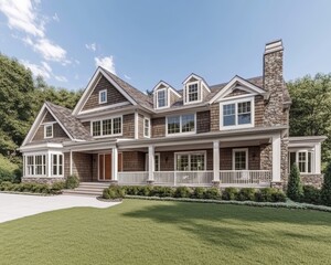 Fototapeta premium Suburban Dream A FrontYard Perspective of a BrownSided House with White Trim Stone Chimney and Lush Green Lawn
