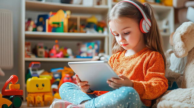 Little girl sitting among toys in room and holding a tablet