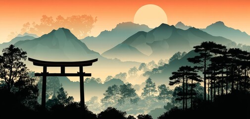 Fototapeta premium Sunset Through the Torii Gate Silhouetted Trees Misty Mountains in a Japanese Landscape Painting Style