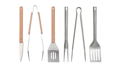 Closeup of kitchen tongs and spatulas on white background.