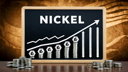 Photo Realistic as Blackboard with Nickel and Upward Trend concept as A blackboard featuring nickel symbols and an upward trend set against a whimsical background offering ample space for text or grap