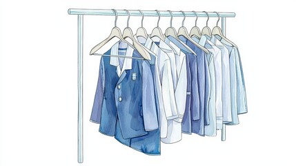 School uniforms hanging on a rack, watercolor illustration, soft tones, isolated on white background