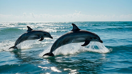 Fototapeta premium A dynamic scene of dolphins leaping gracefully through bright blue ocean waves under a clear sky