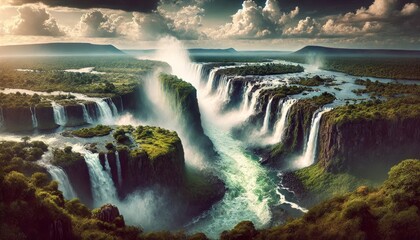 3D-rendered scene of majestic waterfalls cascading over lush cliffs into a river, surrounded by...