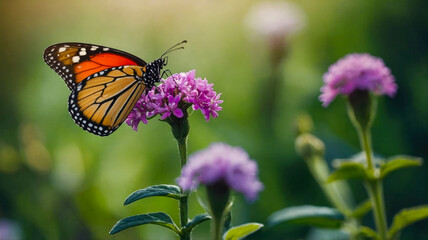 Fototapeta premium A monarch butterfly rests delicately on a vibrant purple flower in a serene garden