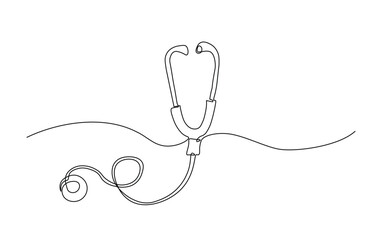 Medical tool - stethoscope in simple outline illustration. Continuous line drawing of stethoscope.