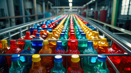 Conveyor belt filled with colorful soda bottles inside a factory production line