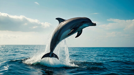 Obraz premium A dolphin leaps gracefully out of the ocean, silhouetted against a bright blue sky