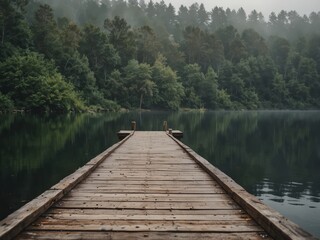 Obraz premium A tranquil lake scene enveloped in mist, featuring a long wooden dock extending into the calm waters, evoking a sense of peace and solitude, ideal for nature lovers.