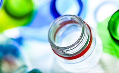 Empty colored drink bottles. Recyclable plastic waste