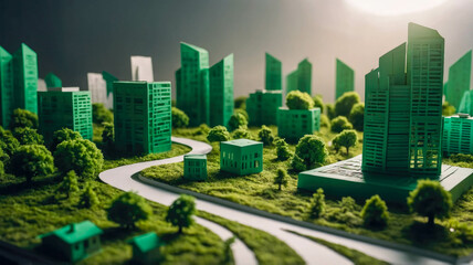 Obraz premium Miniature cityscape made of green paper, representing sustainability and eco-friendly living