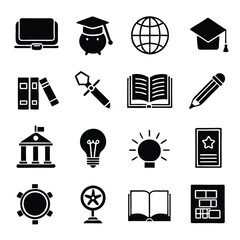 Academic and Education Icons Vector Collection: Books, Graduation Cap, Globe, Light Bulb, Pencil, Diploma, Open Book, School Building - Essential for Educational Design Projects