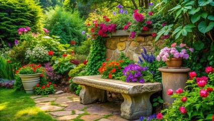 Naklejka premium A serene garden oasis featuring a weathered stone bench, surrounded by lush greenery, vibrant flowers, and eclectic decorative elements, exuding warmth and tranquility.