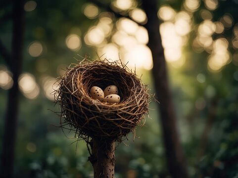 A bird's nest in a minimal outdoor space, with soft lighting highlighting the nest on the right side.