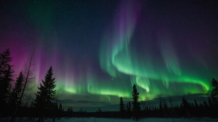 Abstract portrayal of a northern lights display, with vibrant green and purple streaks across a star-filled night sky.