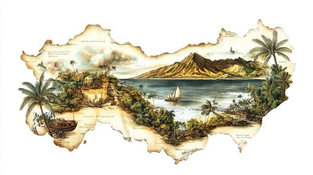 A Hawaiian island map, geographic illustration, vintage style, muted earth tones, isolated on white background