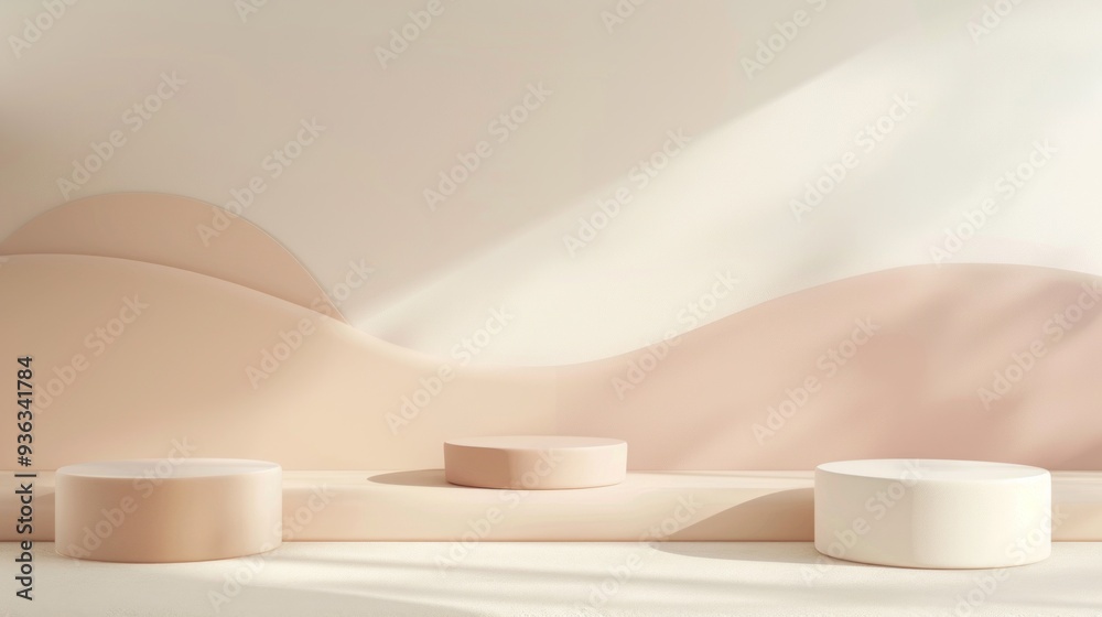 Poster soft pastel shapes rest on a minimalist surface, accentuated by warm, natural light that enhances th