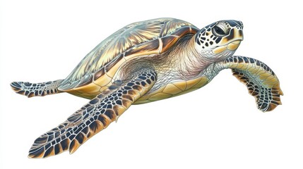 Fototapeta premium A Hawaiian sea turtle, marine wildlife, realistic illustration, serene expression, isolated on white background