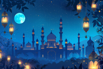 Watercolor illustration of mosque with blue tones on white background