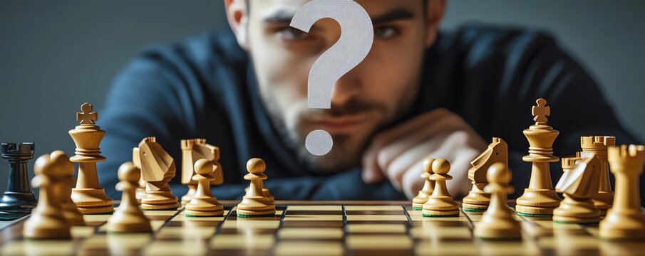 A focused man contemplates his next move in a game of chess, surrounded by intricately designed pieces, symbolizing strategy.