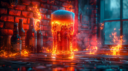 Fototapeta premium a beer drink stands on the counter at the bar. a glass of cold beer in a tall glass goblet on the bar counter. there are flames on the glass and other bottles. fire in the bar