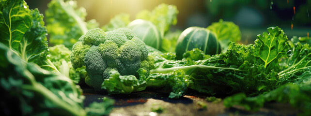 Fresh green vegetables arranged outdoors with sunlight in background, healthy eating concept