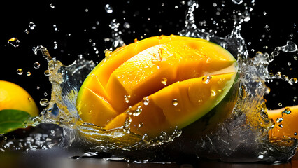 Closeup of Ripe mango in water splash 