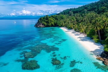 Fototapeta premium Aerial view of a pristine tropical beach with white sand, turquoise water, and lush green palm trees.
