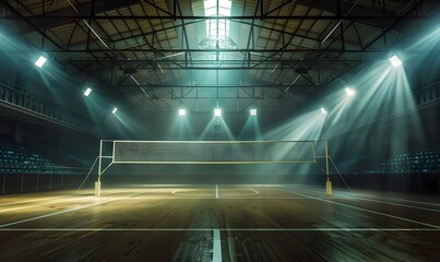 Dramatic Indoor Volleyball Stadium with Illuminating Lights and Court