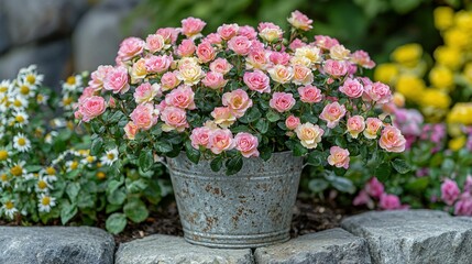 Obraz premium A vibrant bouquet of pink and yellow flowers adorns a stone wall-mounted pot, surrounded by lush foliage in the backdrop