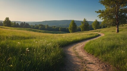 A peaceful meadow with a path leading into the horizon.