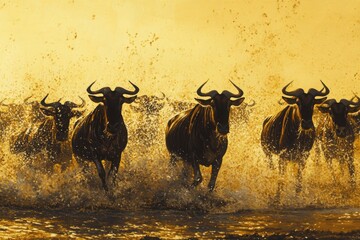 Wildebeest Stampede Through River at Sunset
