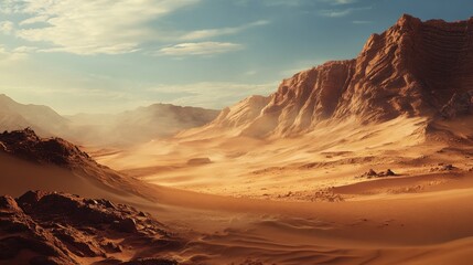 Fototapeta premium Serene Beauty of the Arid Desert: Stunning Golden Sand Dunes and Endless Horizons under Clear Blue Skies