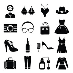 Elegant Women's Fashion Icons Vector Set: High Heels, Handbag, Sunglasses, Dress, Necklace, Hat, Skirt, Perfume - Perfect for Fashion Branding, Retail, and Style Design