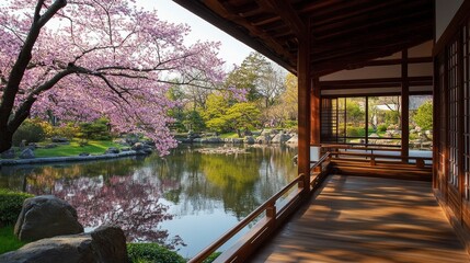 Fototapeta premium Serene Japanese Cherry Blossom Garden - A Photorealistic Springtime Idyll