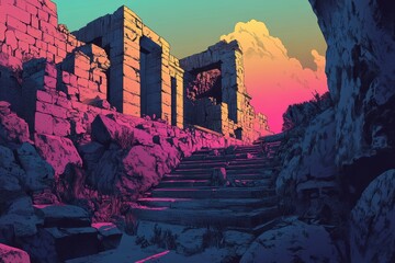 Stone Steps Leading to Ruins Under a Dramatic Sky