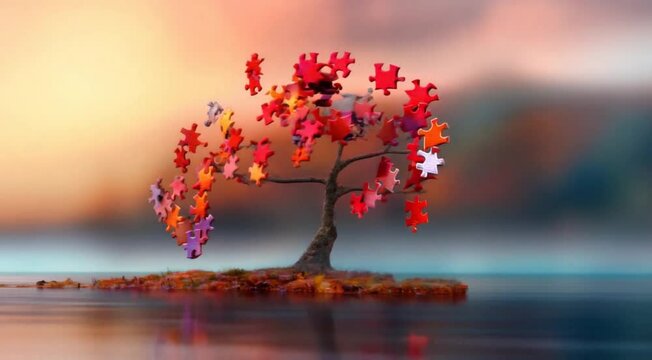 landscape with a tree made of puzzle pieces on a small island. 