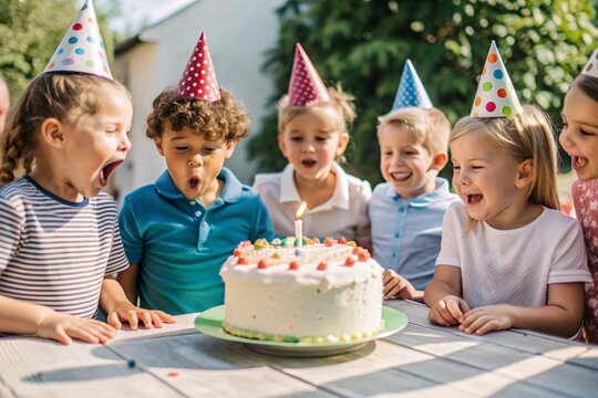 Happy Children Celebrating Birthday Party with Cake. A group of excited children wearing colorful party hats gather around a birthday cake with lit candles. 